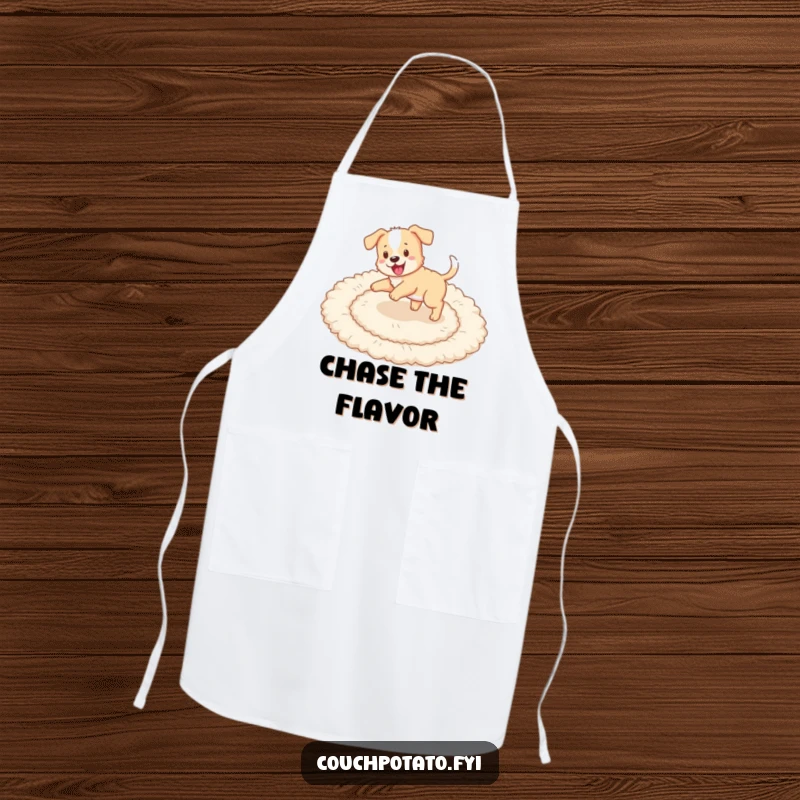 Funny puppy chasing its tail in circles on a fluffy rug, wearing a chef's hat on a humorous kitchen apron.