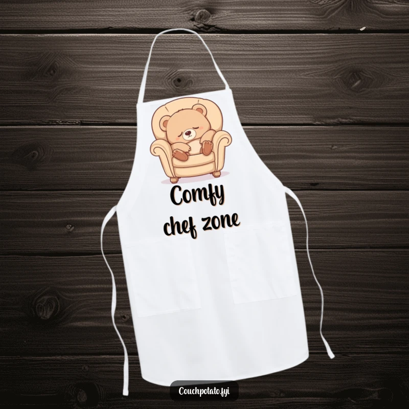 Funny Sleepy Bear Apron featuring a cute bear cub luxuriously stretching and sinking into a comfy armchair, perfect for kitchen relaxation.