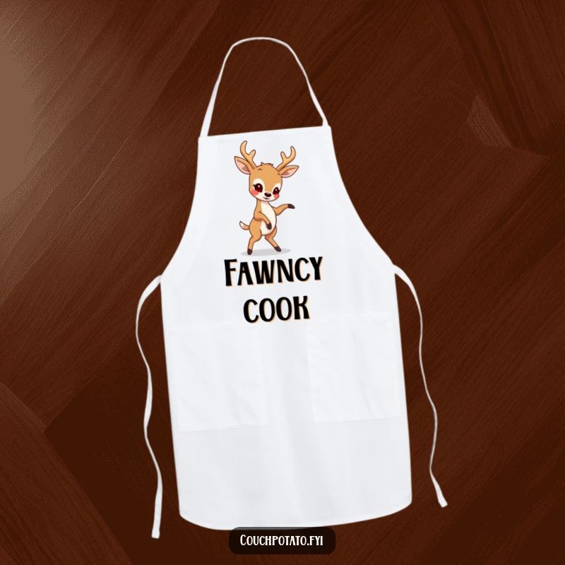 Funny apron showcasing a deer performing an impressive, albeit slightly awkward, dance move, bringing humor to culinary activities.