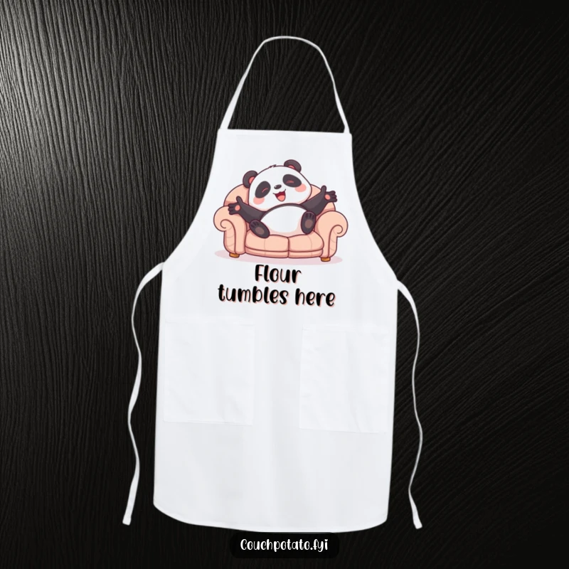 Funny panda apron showing a giggling character rolling on a sofa, perfect for adding humor to kitchen adventures.