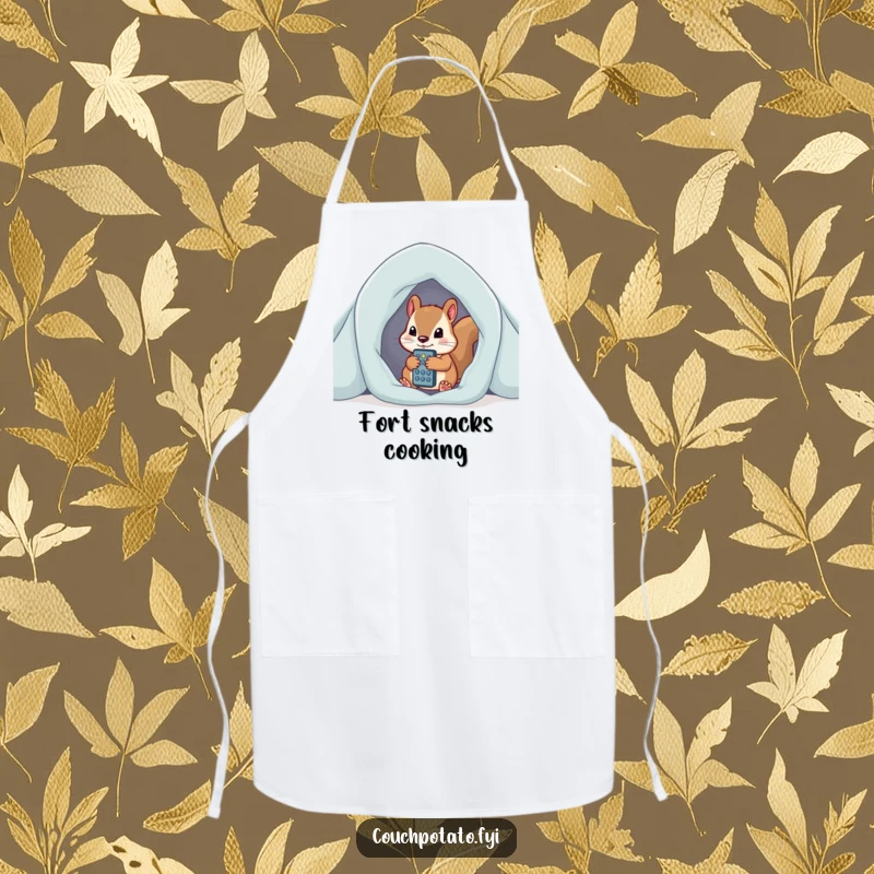 Funny curious squirrel peeking from blanket fort, clutching remote control, a humorous and functional apron.