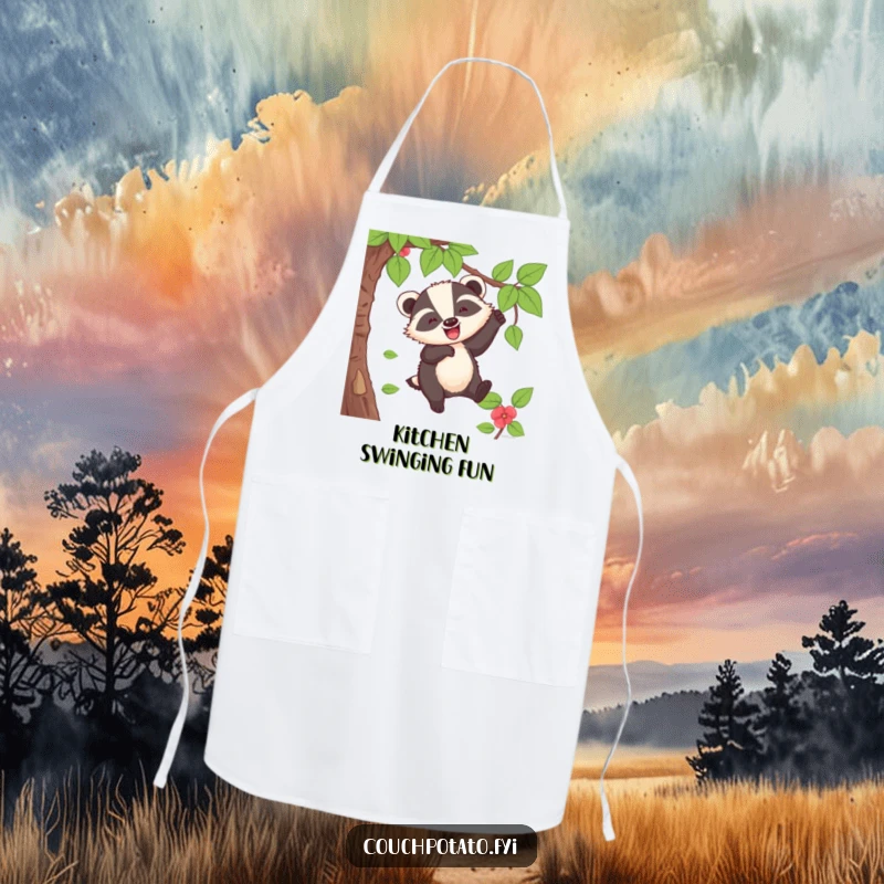 Funny Badger Apron: A cheerful badger swings from a vine with a whoop, bringing humor and energy to cooking.