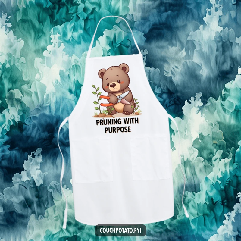 Funny bear cub apron, a determined bear cub carefully prunes a tiny bush with shears, perfect for gardening.
