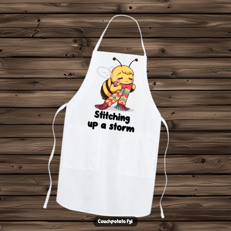 Funny Bee Apron: A busy bee is shown concentrating on knitting a long, colorful scarf, ideal for protecting clothes.