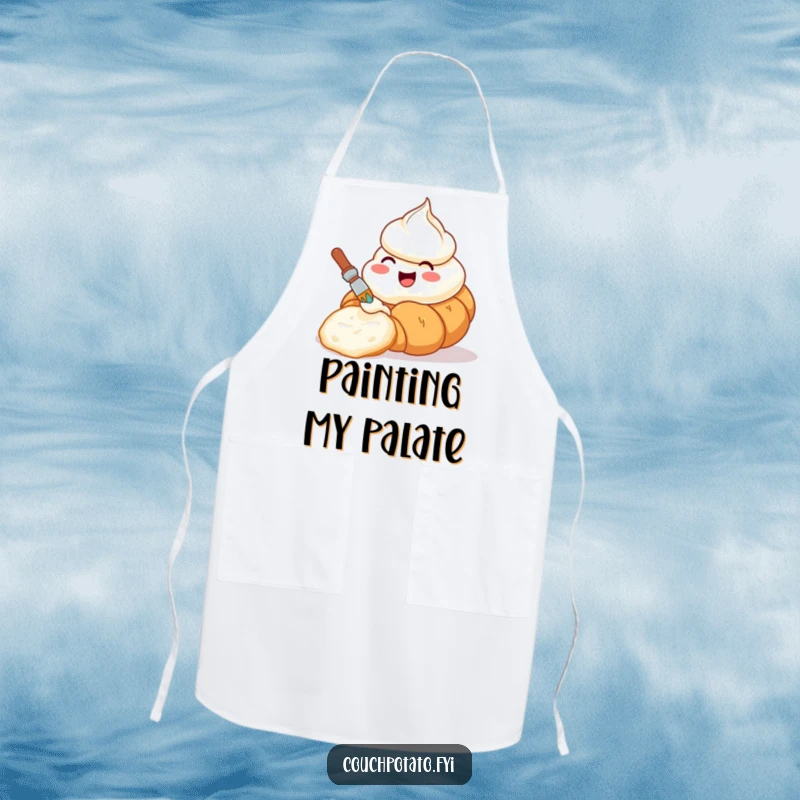 Funny apron showcasing a happy cream cheese tub painting a croissant, perfect for inspired and humorous cooking.
