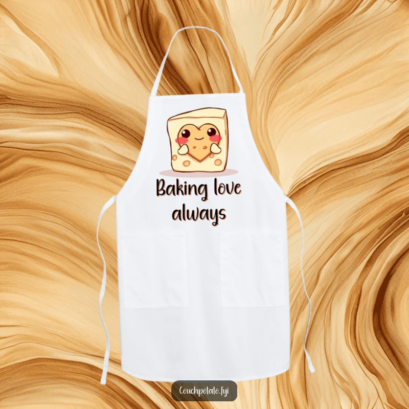 Funny blushing cream cheese block offering a heart cookie, featured on a practical apron for sweet kitchen creations.