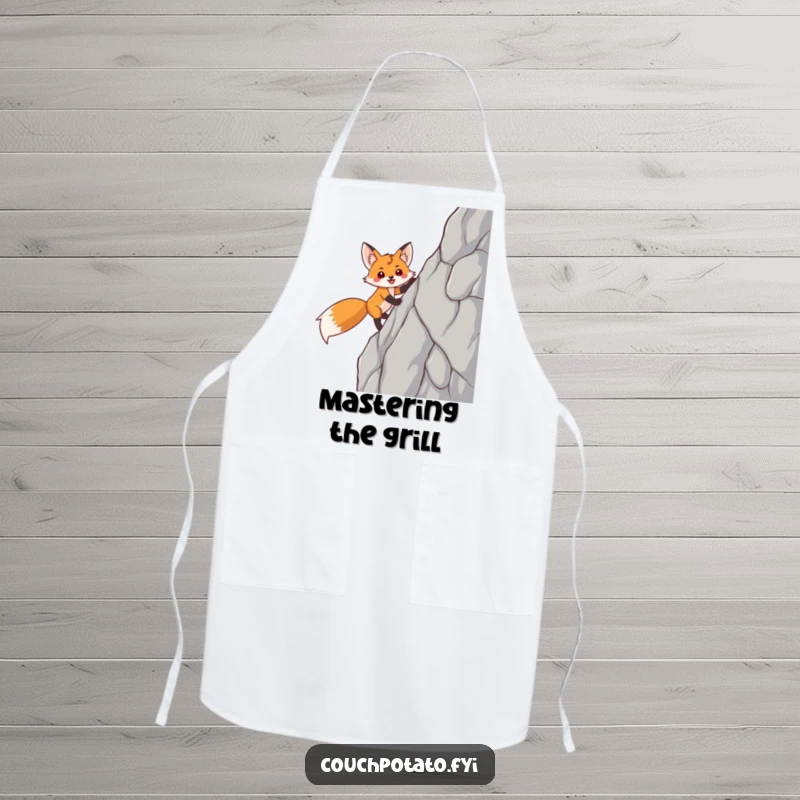 Funny fox apron showing a smiling, triumphant fox climbing a sheer rock face, perfect for kitchen humor.