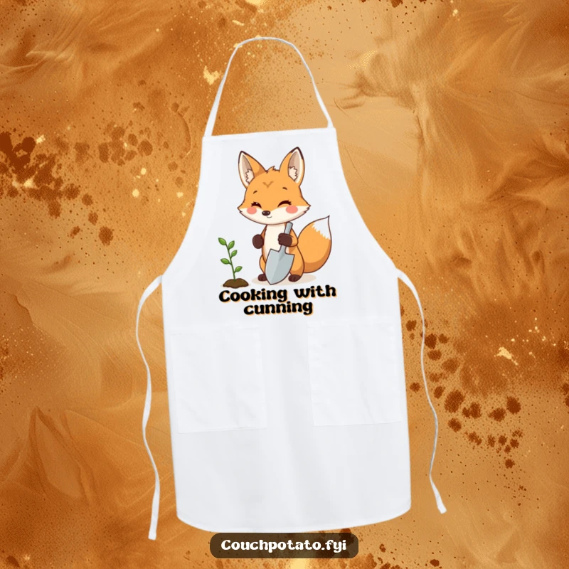 Funny fox gardener apron, a proud fox holding a miniature shovel next to a sprouting seedling, practical and amusing kitchen wear.