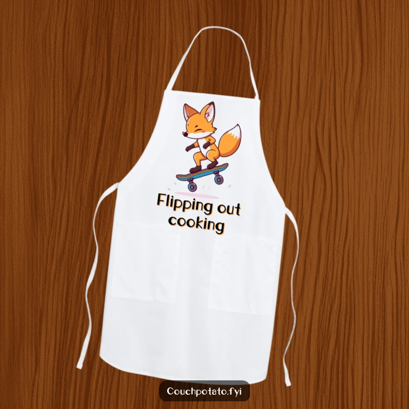Funny Fox Apron: A daring fox balances on one skateboard wheel performing a trick, bringing humor to cooking.