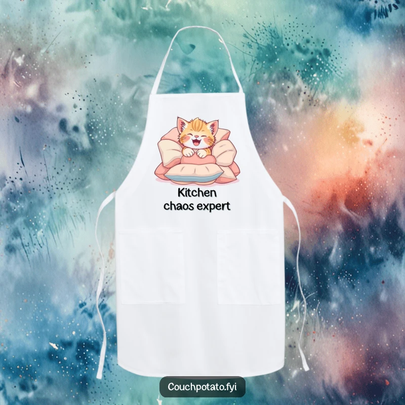 Funny Giggling Kitten Apron featuring a cute kitten joyfully tumbling into soft cushions, designed for kitchen playfulness.