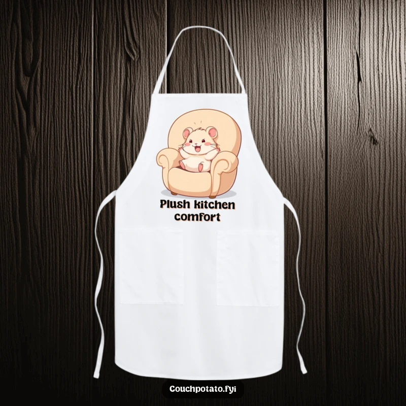 Funny hamster happily rolling in a giant, plush armchair, depicted on a protective apron, ideal for a humorous kitchen experience.
