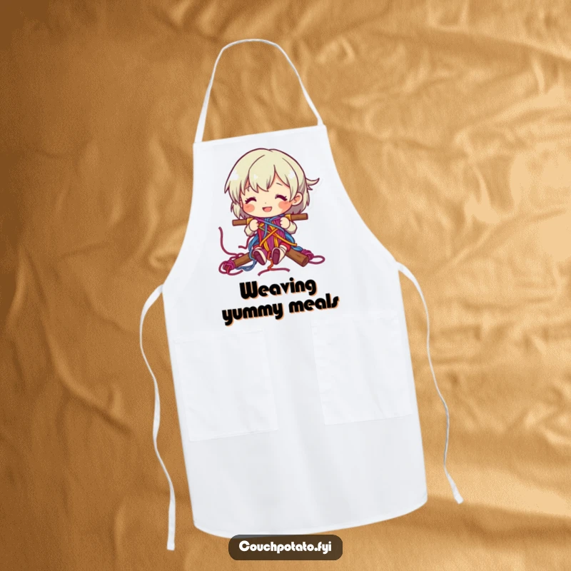 Funny character happily weaving colorful yarn into a complex pattern on a practical apron.