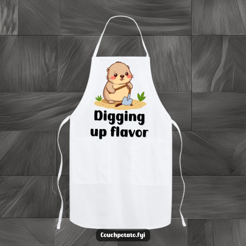 Funny mole digger apron, a diligent mole using a spade to dig a small hole in the ground, practical and amusing kitchen wear.