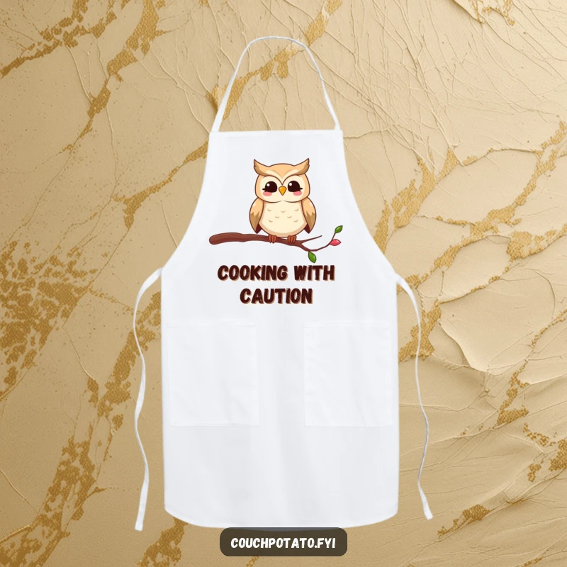 Funny owl apron showing a smiling bird in a comical, precarious pose on a thin branch, ideal for kitchen humor.