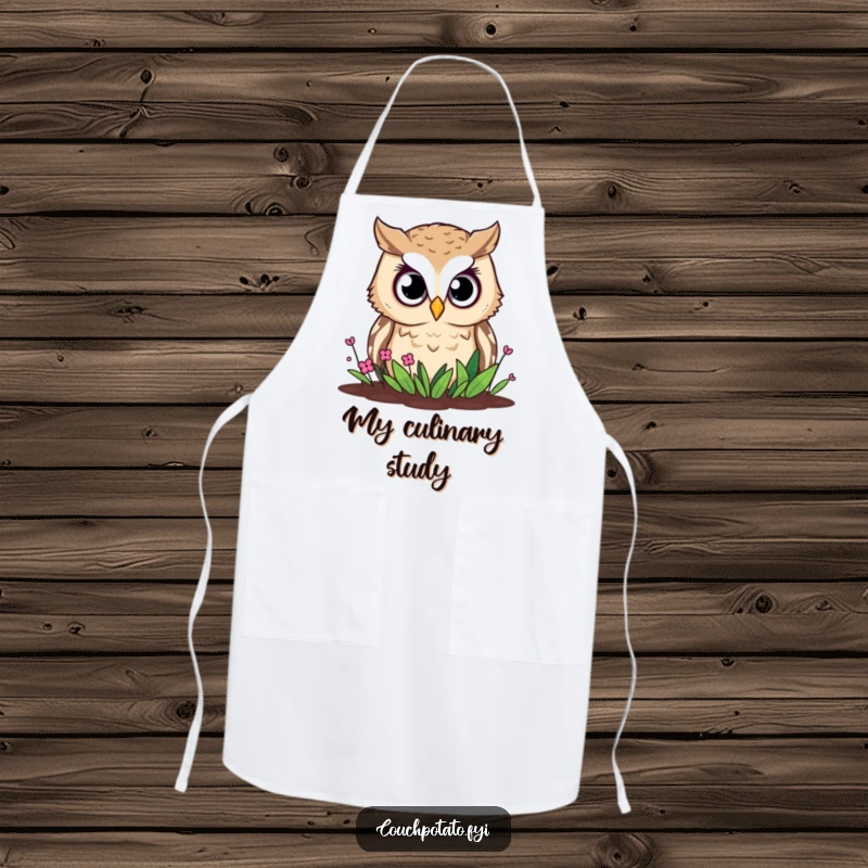 Funny owl apron, a curious owl with wide eyes peers down at a small garden bed, ready for kitchen duty.