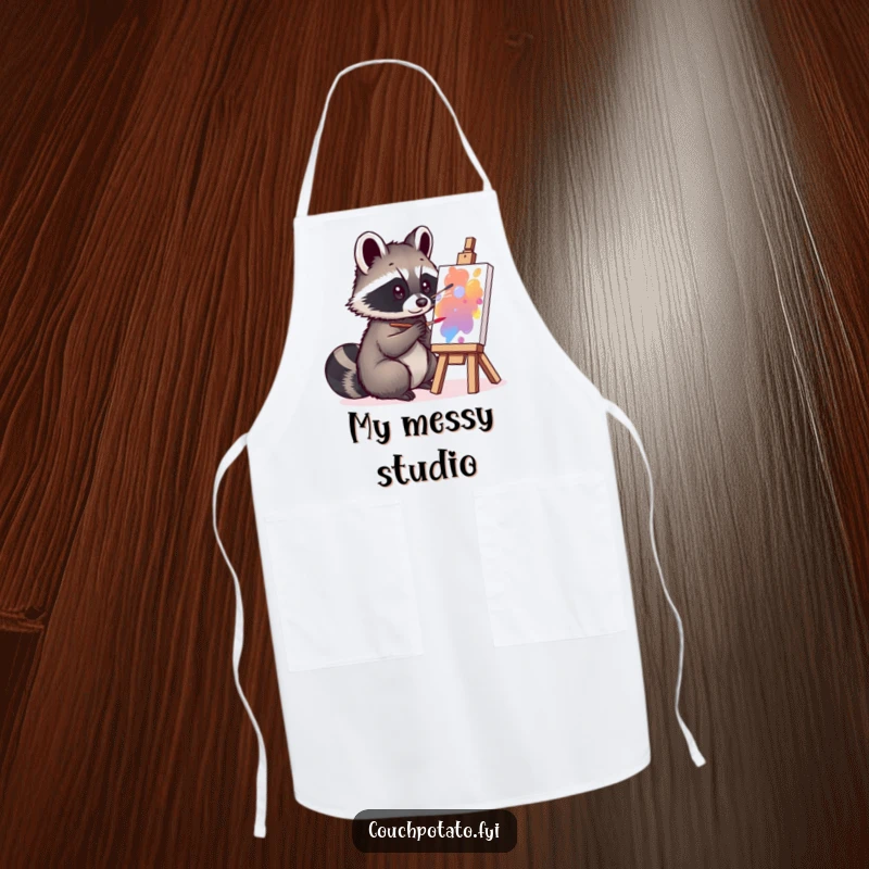 Funny curious raccoon painting on a small canvas while wearing an apron, adding humorous flair to artistic endeavors.