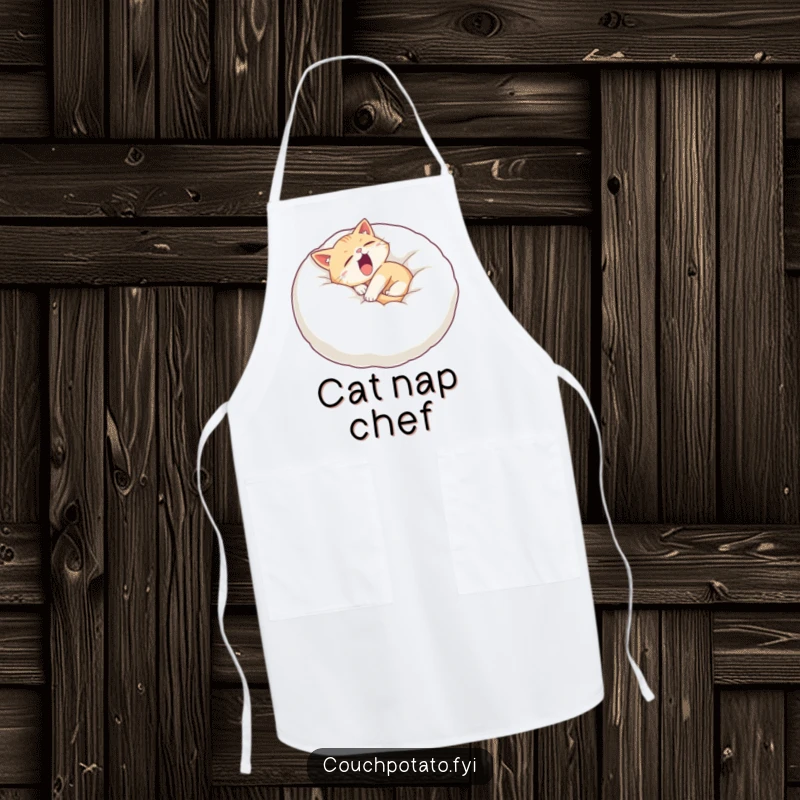 Funny sleepy cat apron with a cat curled on a giant pillow, yawning widely, perfect for cozy and cheerful cooking sessions.