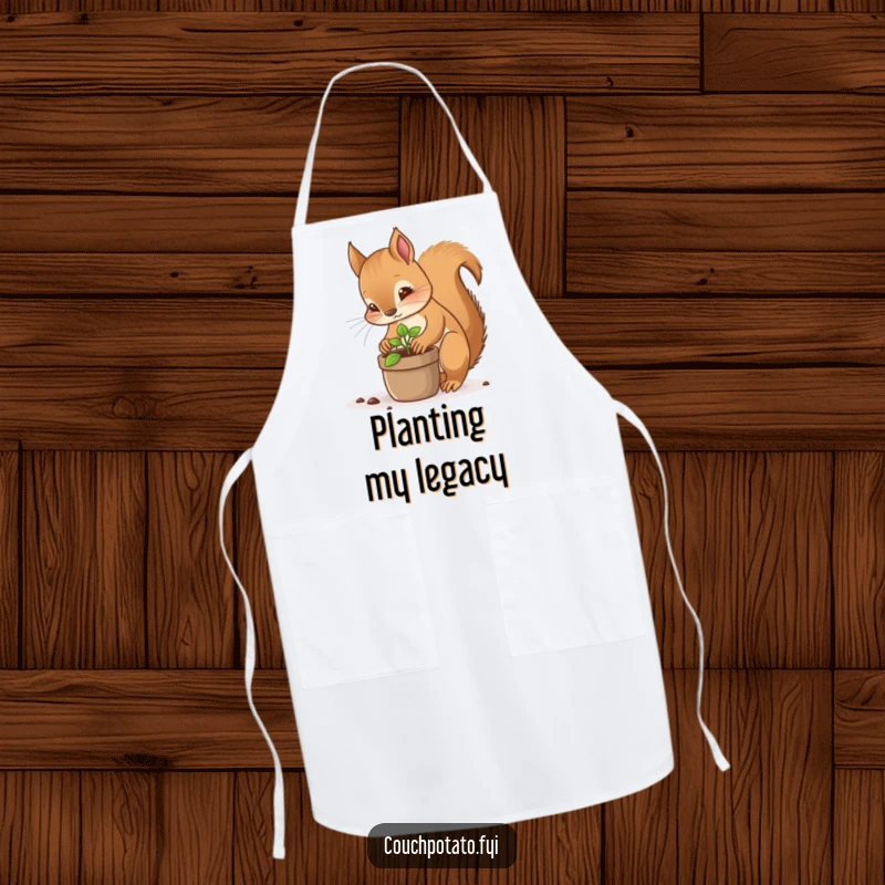 Funny squirrel planting apron, a focused squirrel carefully planting a tiny sprout in a pot, practical and amusing kitchen wear.