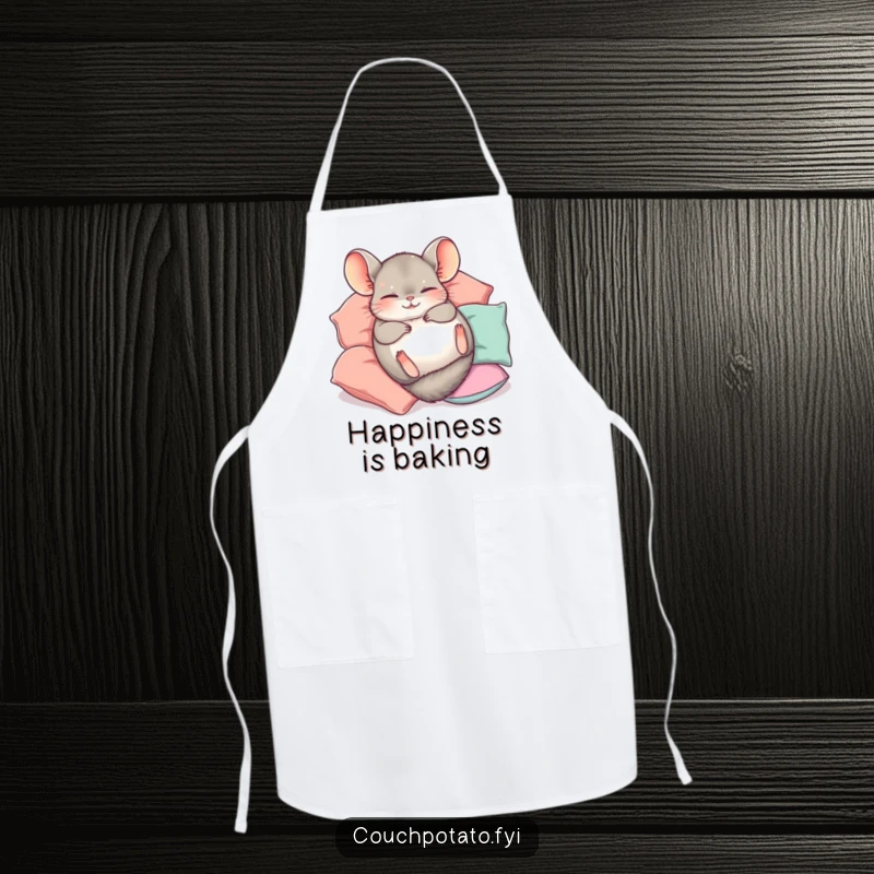 Funny Chinchilla Apron featuring a cute chinchilla happily rolling on its back amidst pillows, designed for kitchen joy.