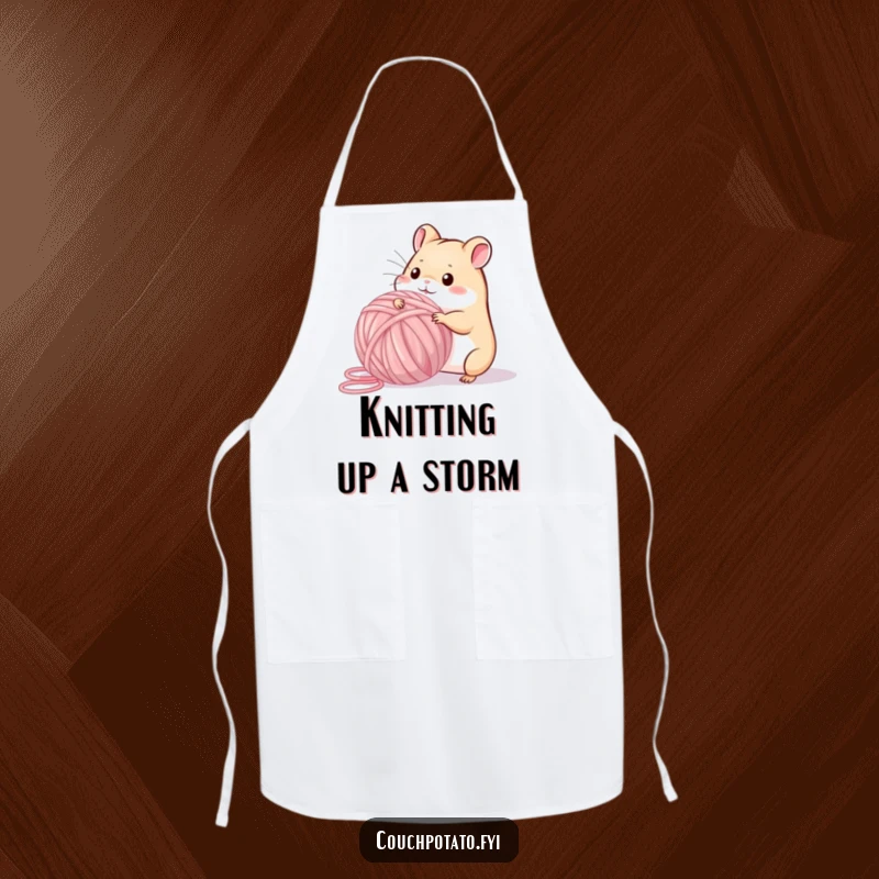 Funny playful hamster winding a giant ball of yarn, featured on a practical, funny apron.