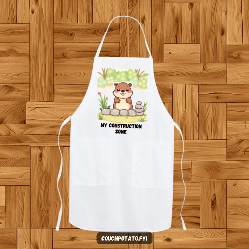 Funny beaver apron, a smiling beaver is shown stacking small stones to create a garden border, perfect for work.
