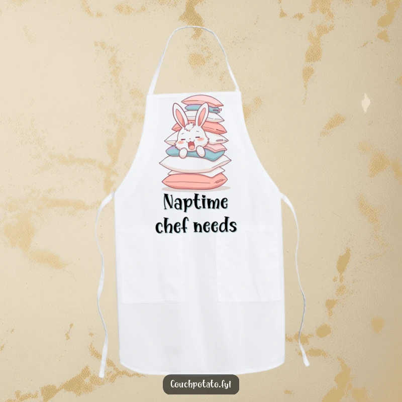 Funny yawning bunny trying to balance a massive pile of pillows, depicted on a protective apron, ideal for a humorous kitchen experience.