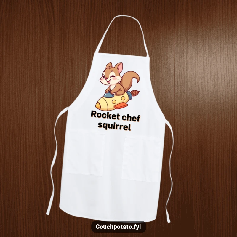 Funny squirrel rocket apron showing a grinning squirrel riding a rocket ship, adding daring fun to cooking.