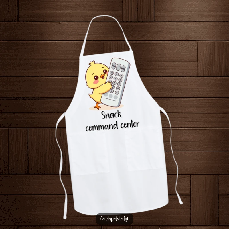 Funny little chick character attempting to hug a comically large television remote control on a kitchen apron.