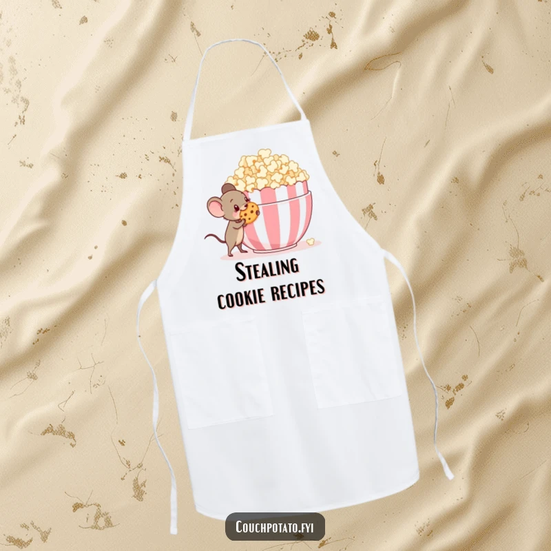 Funny tiny mouse with a mischievous grin sneaking a cookie from a giant popcorn bowl, a humorous kitchen apron.
