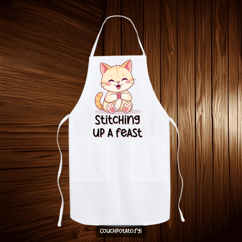 Funny Cat Apron: A happy cat confidently sews a button onto fabric, ready to keep you clean during crafting.