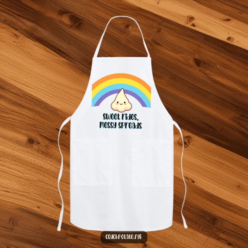 Funny apron featuring a giggling cream cheese dollop happily sliding down a rainbow, ideal for cheerful cooking.