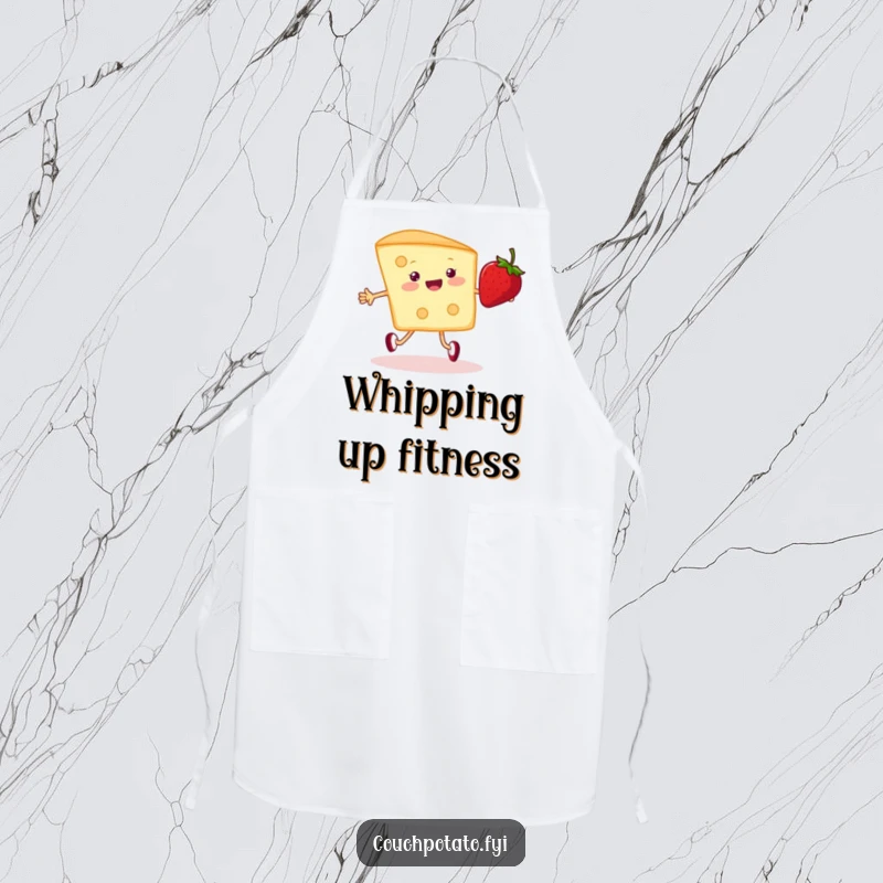 Funny cream cheese and strawberry apron, showing them happily jumping rope, perfect for humorous and quirky kitchen wear.