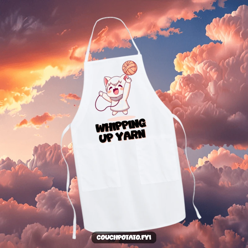 Funny apron showing a character mid-action, playfully tossing a ball of yarn, designed to protect while adding a humorous touch.