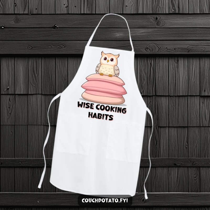 Funny apron showing a relaxed owl perched on cushions, for calm and humorous kitchen protection.