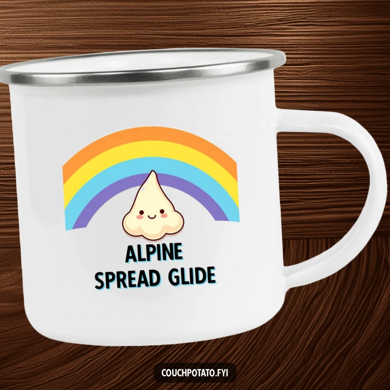 Funny camping mug with a giggling cream cheese character gleefully sliding down a rainbow, ready for outdoor fun.