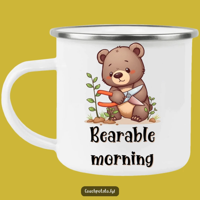 Funny Bear Cub Pruning Camping Mug: Tiny Gardener, Hilarious Outdoor Companion