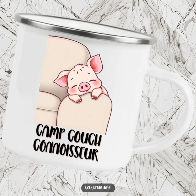 Funny cheerful piglet camping mug with a piglet draped over a couch armrest, wiggling toes, perfect for warm drinks outdoors.