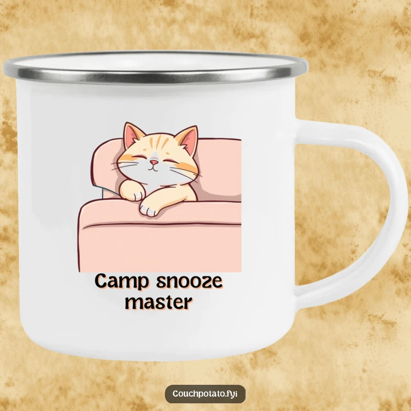 Funny content cat dozing off on a sofa, one paw dangling, purring softly, a sturdy camping mug.