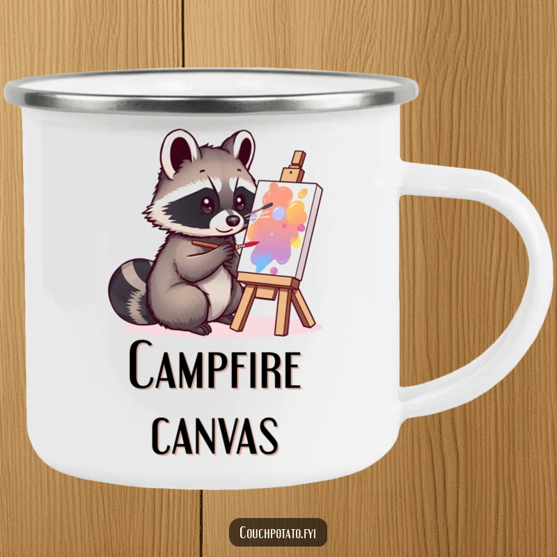 Funny curious raccoon painting on a small canvas on an enamel camping mug, combining artistic passion with outdoor readiness.