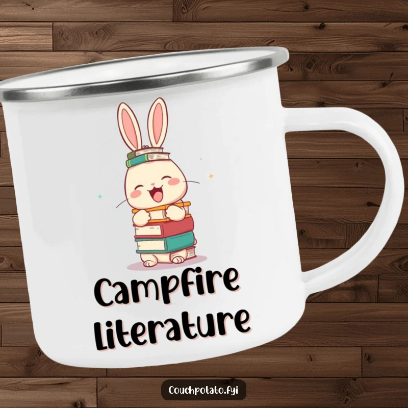 Funny giggling rabbit balancing books on an enamel camping mug, combining literary charm with outdoor readiness.