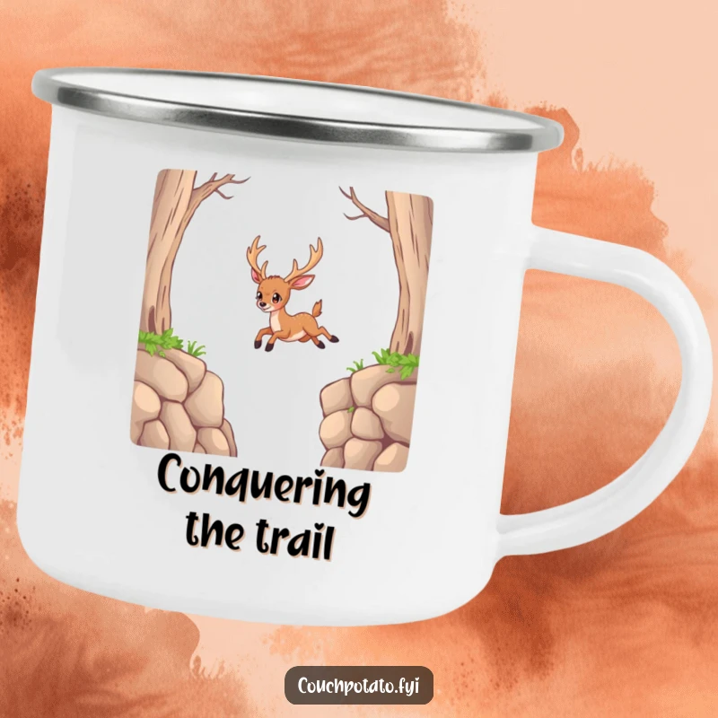 Funny Deer Camping Mug: A determined deer attempts an impossible jump, perfect for outdoor inspiration.