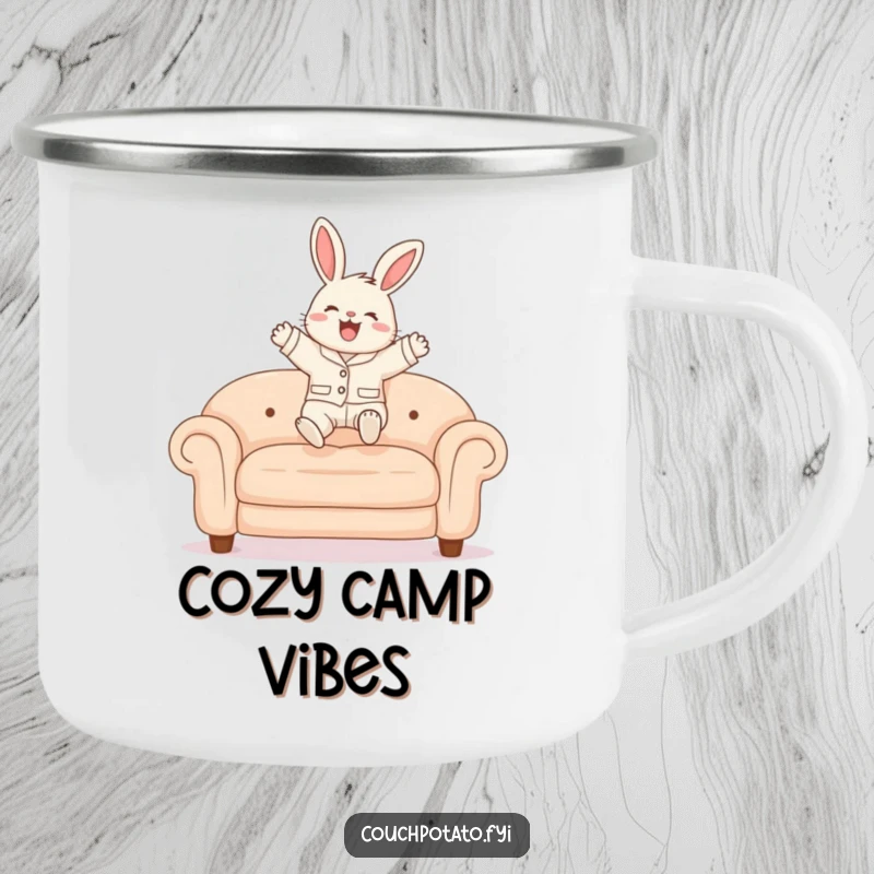 Funny Bunny Pajama Camping Mug featuring a fluffy bunny in pajamas joyfully leaping onto a sofa, ready for outdoor fun.