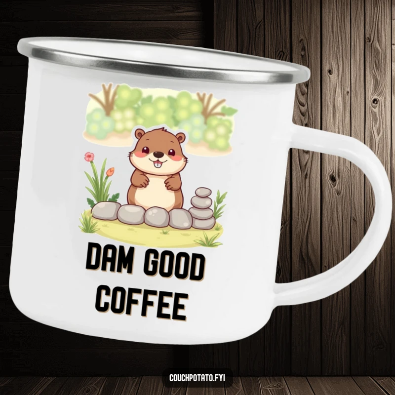 Funny beaver camping mug, a smiling beaver stacks stones for a garden border, perfect for outdoor drinks.