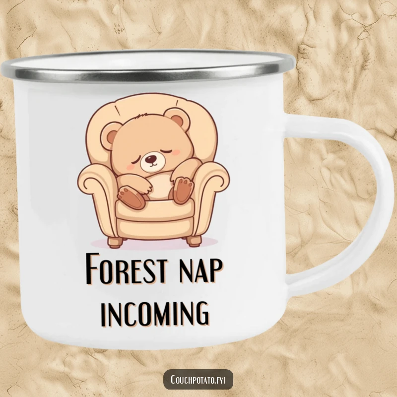 Funny Sleepy Bear Camping Mug featuring a cute bear cub luxuriously stretching into a comfy armchair, ready for outdoor relaxation.