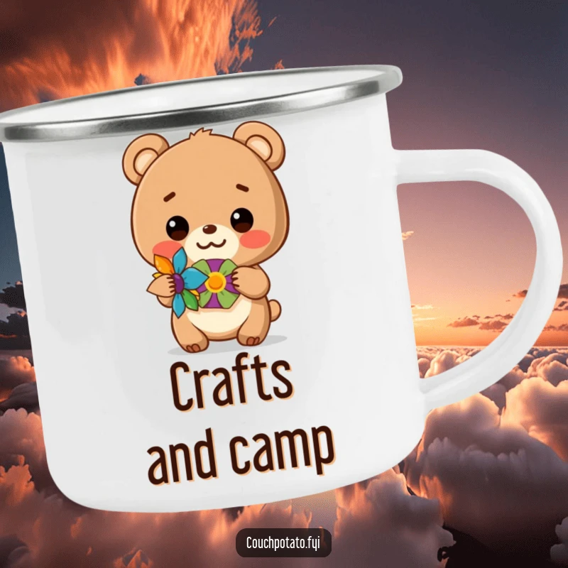 Funny camping mug featuring a bear cub proudly showing off a handmade craft, perfect for outdoor adventures.