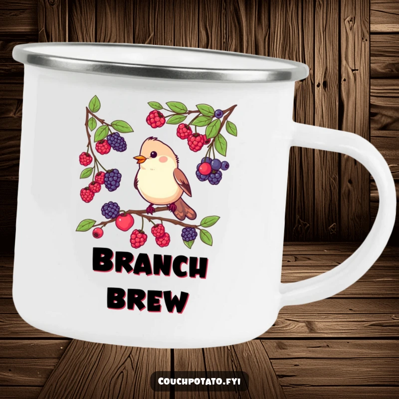 Funny camping mug depicting a busy bird tasting berries from different branches, designed for outdoor enthusiasts who appreciate nature and humor.