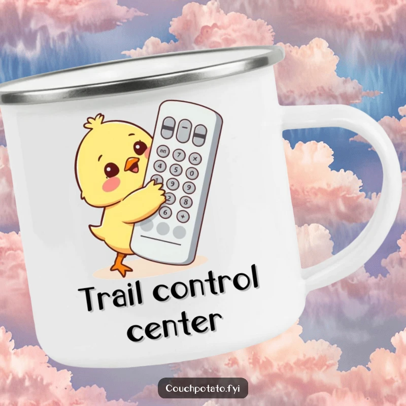 Funny little chick character attempting to hug a comically large television remote control on an enamel camping mug.