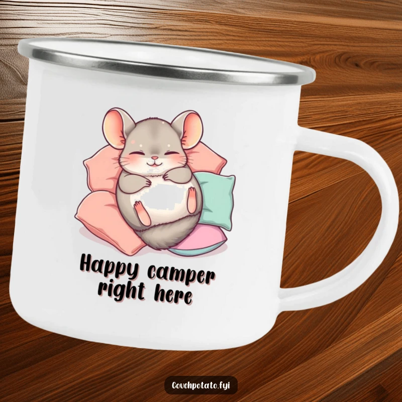 Funny Chinchilla Camping Mug featuring a cute chinchilla happily rolling on its back amidst pillows, ready for outdoor fun.