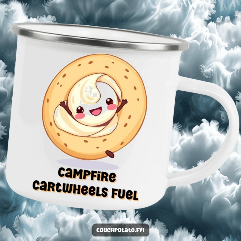 Funny cream cheese swirl doing a cartwheel with a bagel, on a durable camping mug for outdoor enjoyment.