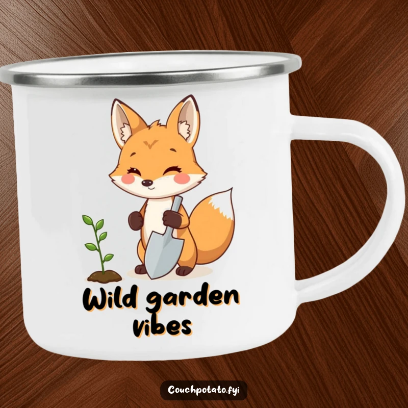 Funny fox gardener camping mug, a proud fox holding a miniature shovel next to a sprouting seedling, sturdy and humorous outdoor drinkware.